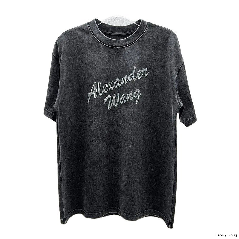 Alexander Wang Distressed Charcoal Gray Rhinestone-embellished Short Sleeve T-Shirt