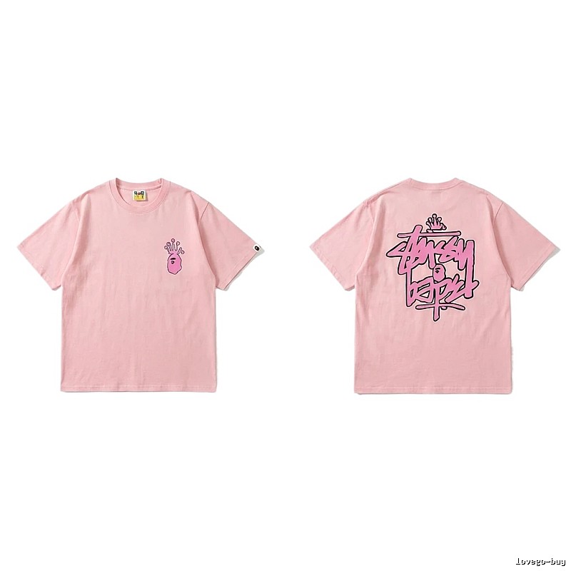 Bape Crown Print Trendy Cool Pink T-shirt