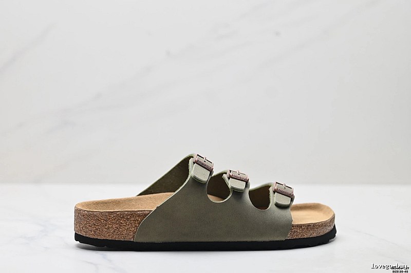 Birkenstock Three-Buckle Casual Army Green Cork Slide Sandals