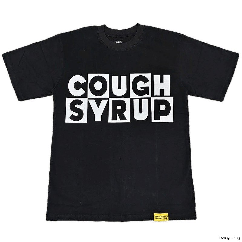 Black street-style short-sleeve T-shirt with COUGH SYRUP print