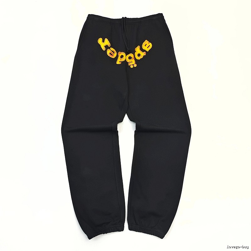 Bold Yellow Wordmark Graphics And Cuffed Hems Black Sp5der Logo Sweatpants