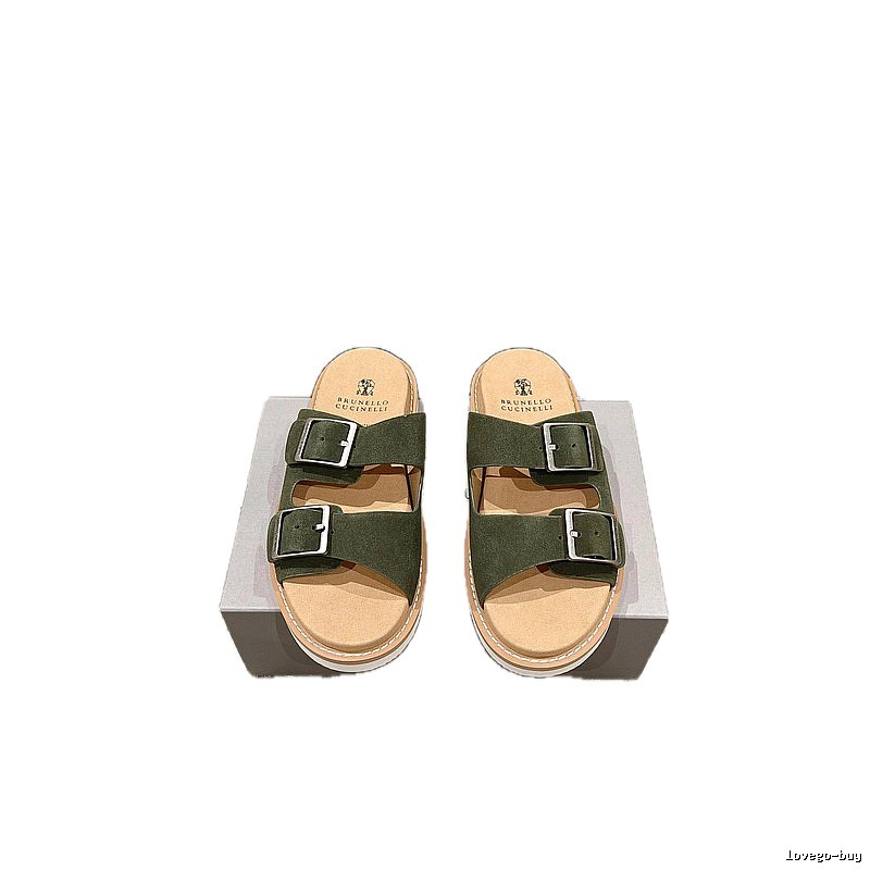 Brunello Cucinelli Casual Style Army Green Double-Buckle Slide Sandals