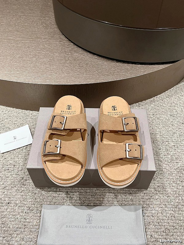 Brunello Cucinelli Casual Style Camel Buckle Slide Sandals