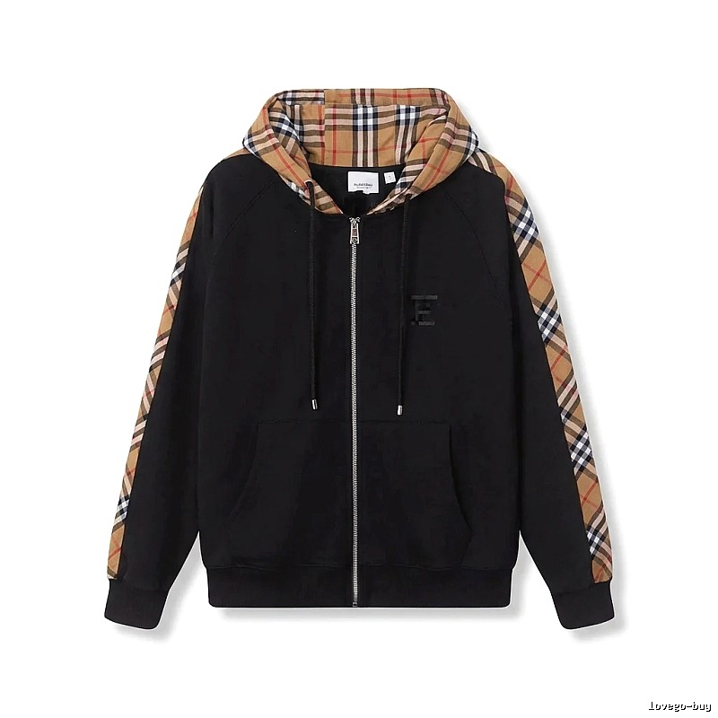 Burberry checkered pattern spliced black hoodie