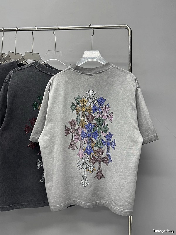 Chrome Hearts Cross Hot-Fix Rhinestone Street Style Light Grey T-Shirt