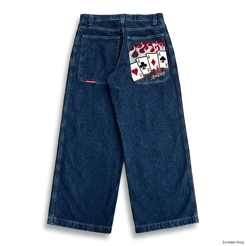 Deep - blue jeans with Y2K playing - card print