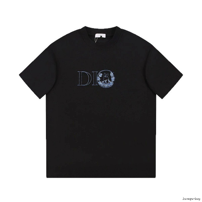 Dior Cat-Embroidered Casual Black T-Shirt