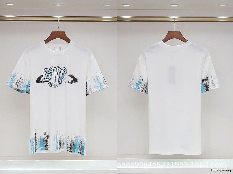 Dior Graffiti Collection Street Style White and Blue Short-sleeve T-shirt