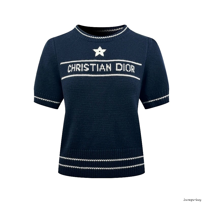 Dior Short Sleeve Knit Sweater with Cream Trim and Star Detail