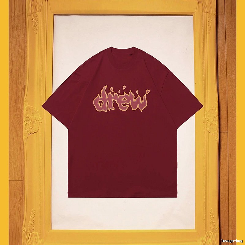 DREW Flame Heart Street Style Burgundy Short Sleeve T-Shirt