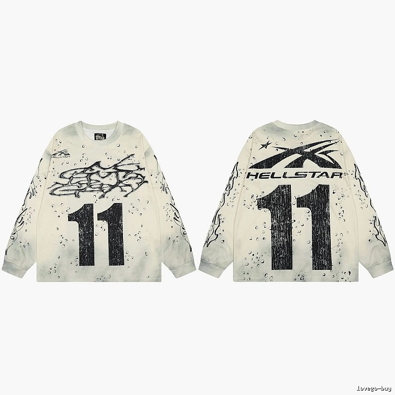 Hellstar No.11 Distressed Street Style Off-white Long Sleeve T-shirt