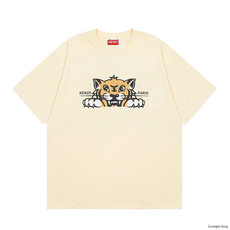 KENZO Tiger Head Print Streetwear Style Beige Short Sleeve T-Shirt