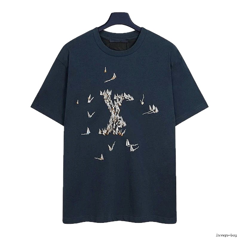Louis Vuitton Light Luxury Style Navy Blue T-Shirt with Sailing Boat Embroidery