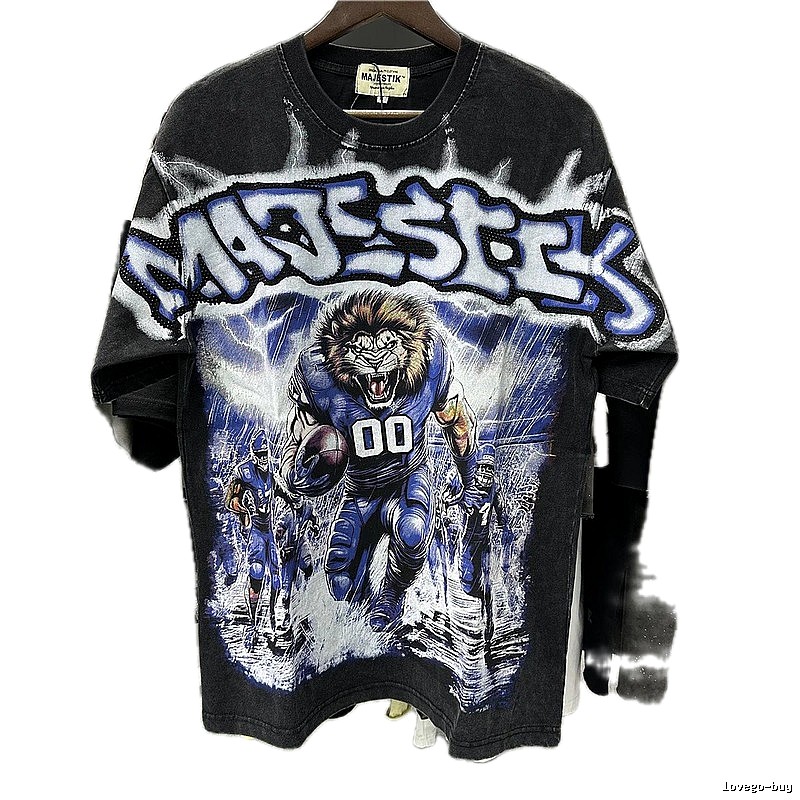 MAJESTIK American Retro Lion Printed Black Short-sleeve T-shirt