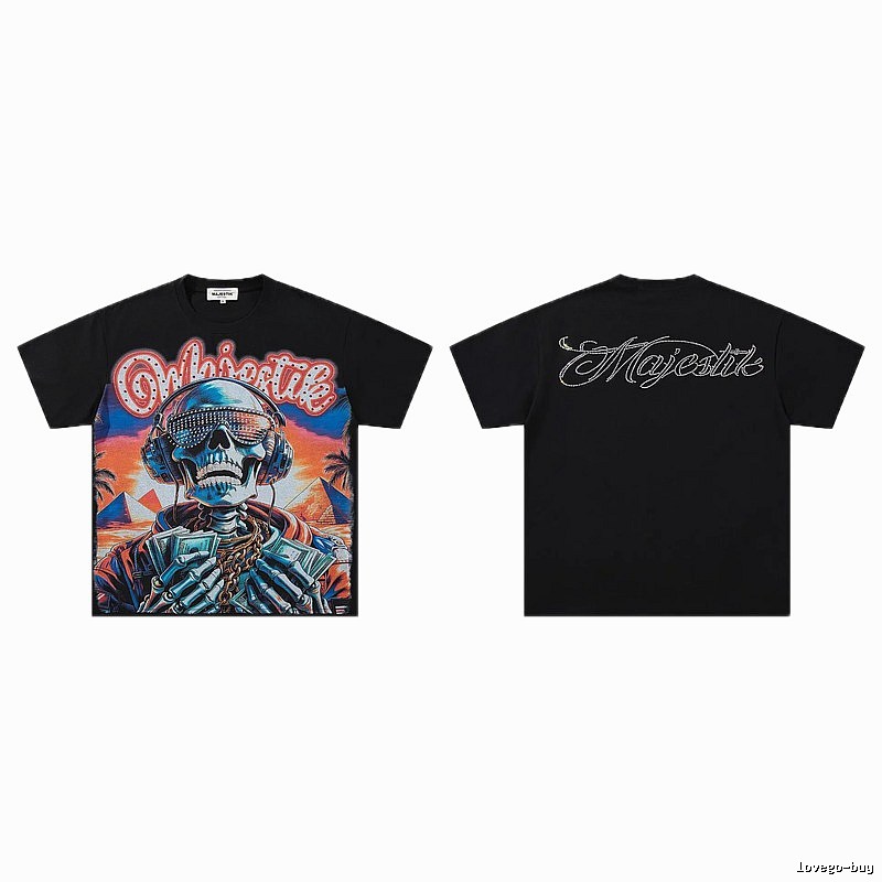 MAJESTIK Skull Print Hip-hop Style Black T-shirt