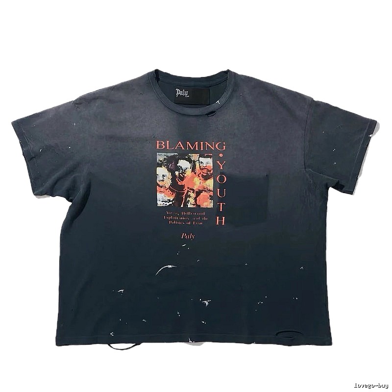 Paly Hollywood Distressed Print Vintage Charcoal Black T-Shirt