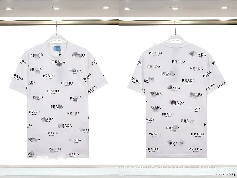Prada All-over Print Streetwear Style White Short-sleeve T-Shirt