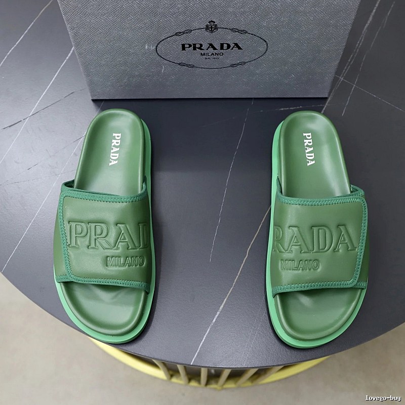 Prada Embossed Light Luxury Style Green Slide Sandals