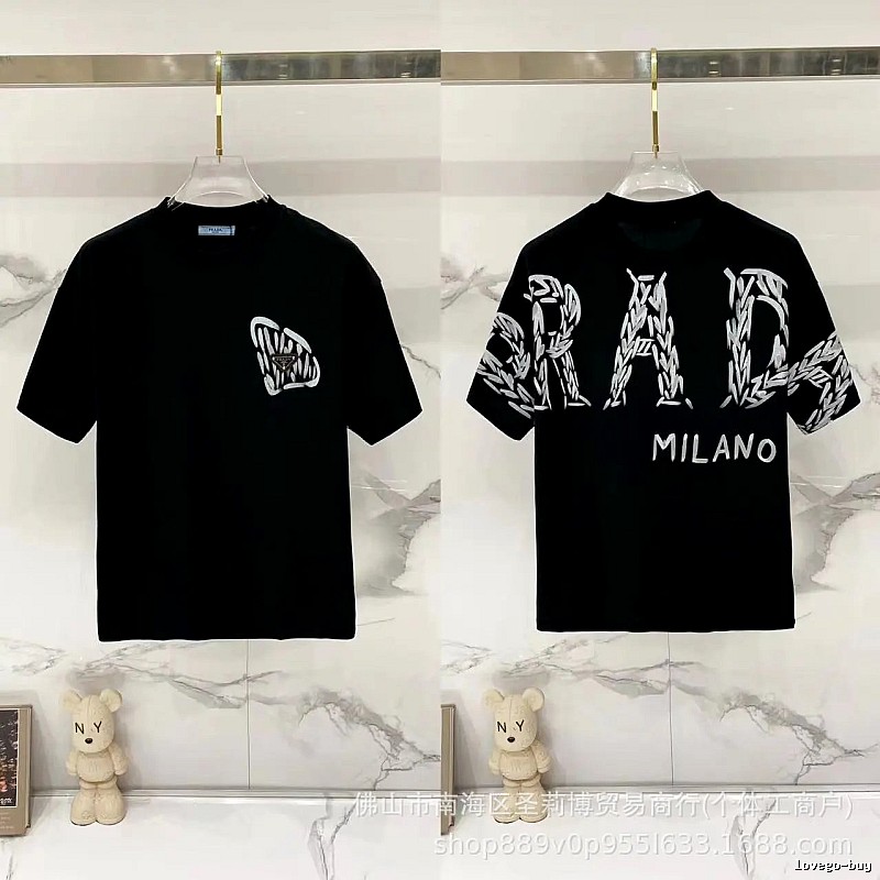 Prada Embroidered Streetwear Style Black Short-sleeve T-shirt