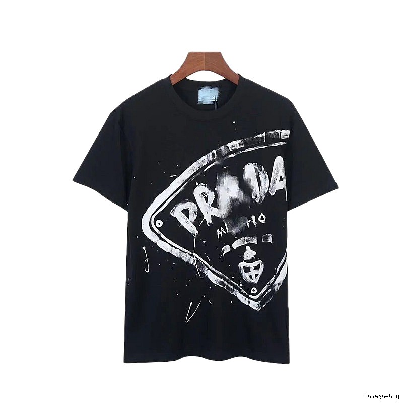 Prada Triangle Logo Graffiti Street Style Black T-Shirt