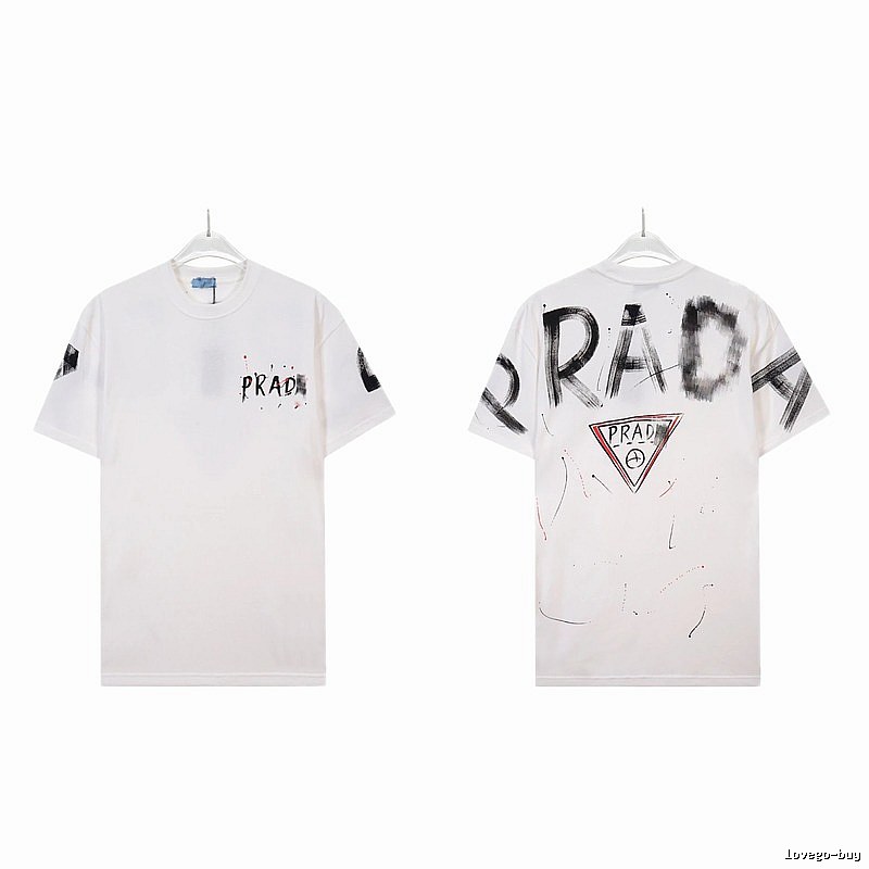 Prada Triangle Logo Graffiti Street Style White Short-sleeve T-shirt