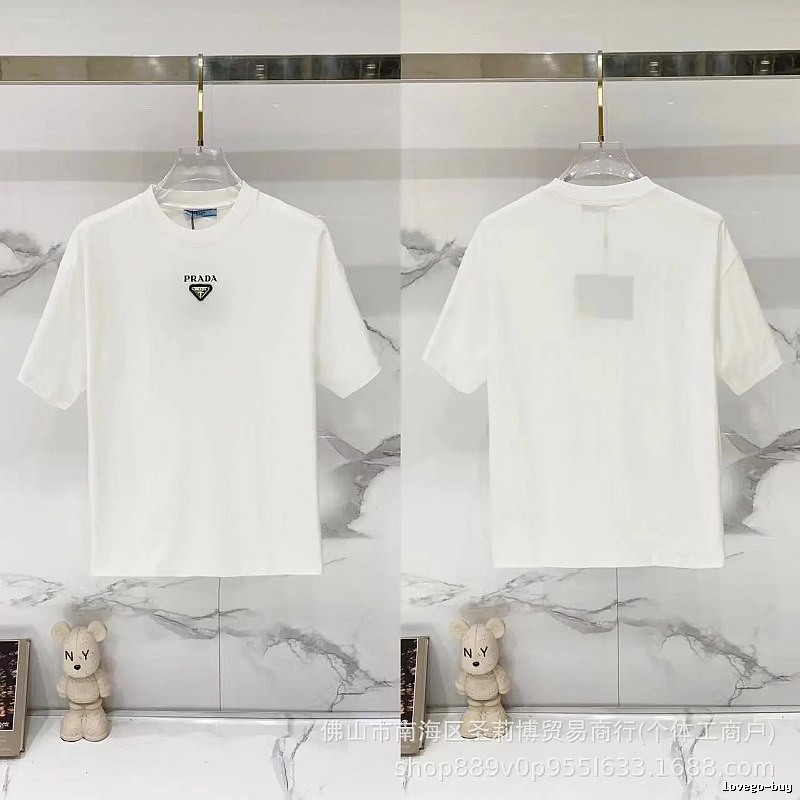 Prada Triangular Logo Minimalist Style White Short-sleeve T-shirt