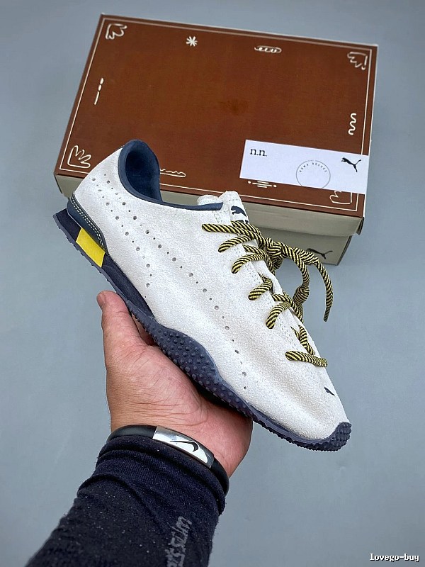 PUMA White, Navy and Yellow Suede Low-Profile Sneakers Highlighting Everyday Court Profile