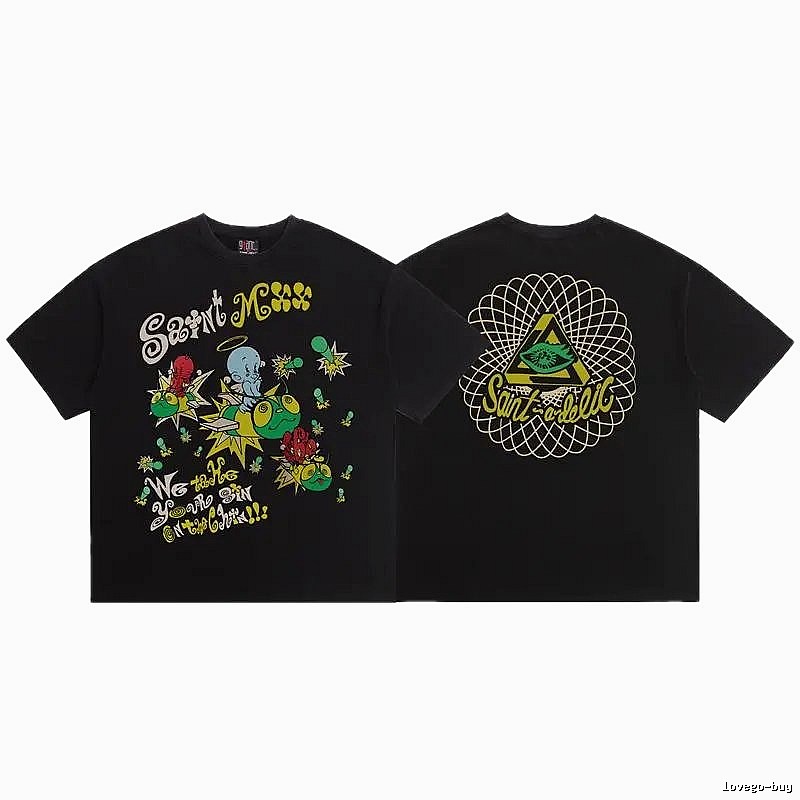 SAINT Cartoon Graffiti Street Style Black T-Shirt