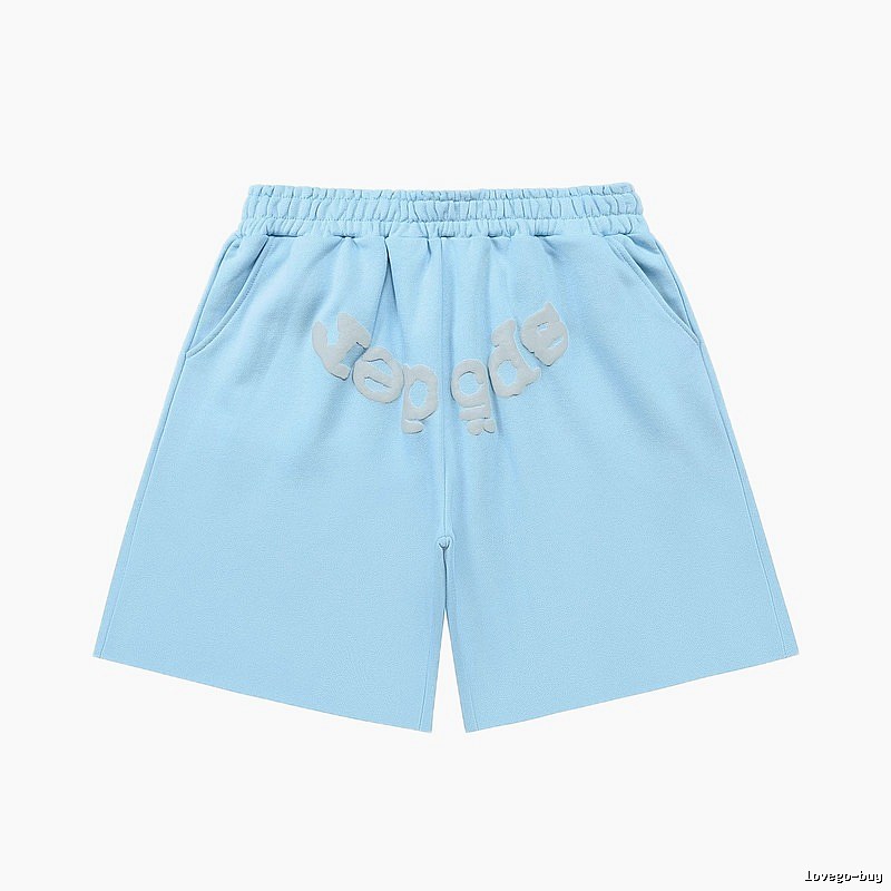 Sp5der letter-style light blue shorts