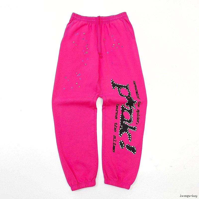 Sp5der Logo Sweatpants in Hot Pink - black vertical branding and cuffed ankles