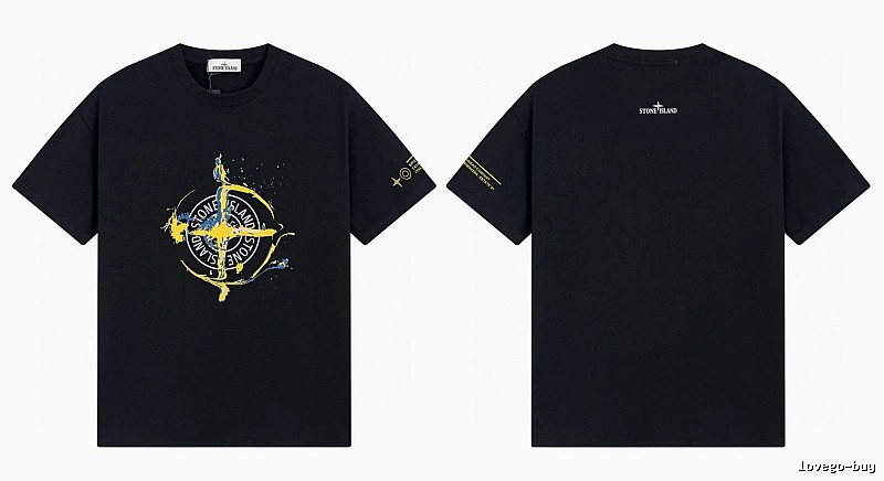 Stone Island Ink-splattered Street Style Black Short-sleeve T-shirt