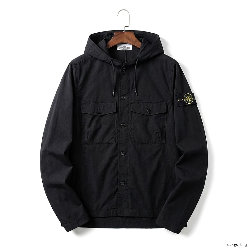 Stone Island Workwear Style Black Hooded Coat