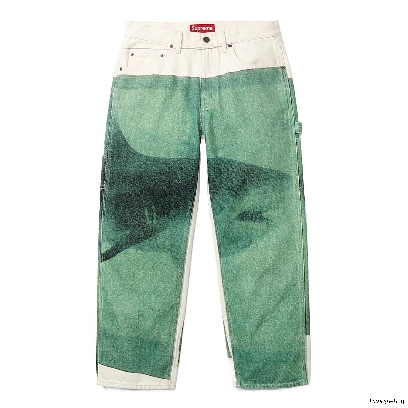 Supreme shark pattern workwear-style green pants