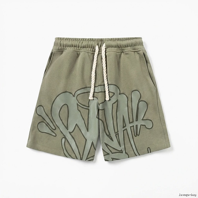 SynaWorld graffiti-style military green shorts