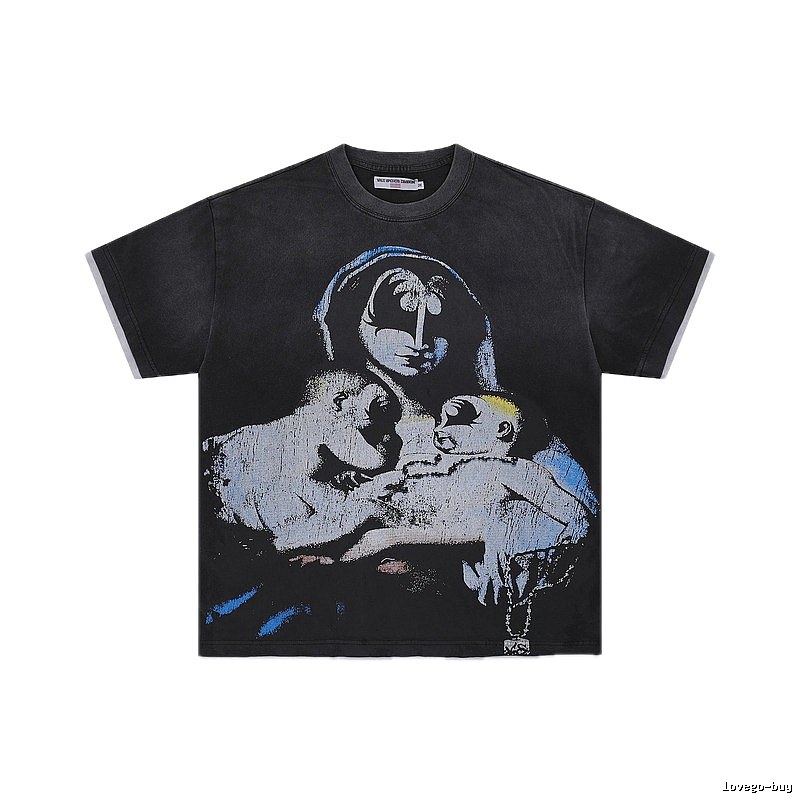 Valley Virgin Mary Print Vintage Distressed Black T-Shirt